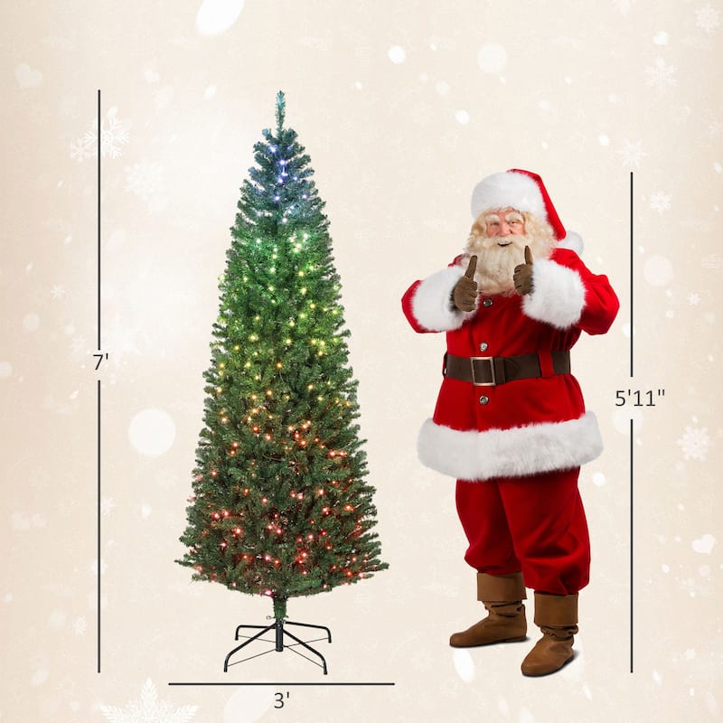 HOMCOM 7ft Prelit Xmas Tree: Colorful LED, Remote, 12 Modes, Timer, Slim Fir, Green
