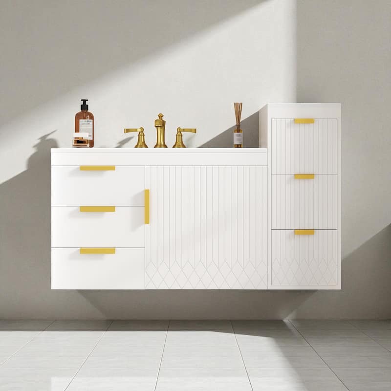 12" Wall Mounted Floating Bathroom Side Cabinet with Drawers, Modern MDF Storage Cabinet with L-Shape Handles