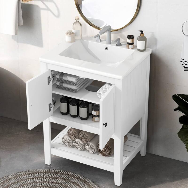24" Bathroom Vanity Ceramic Sink with Solid Wood Frame Open Style Shelf