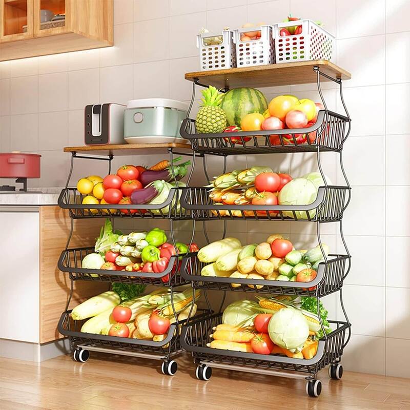 5/6-Tier Stackable Fruit Basket, Rolling Metal Cart with Wheels