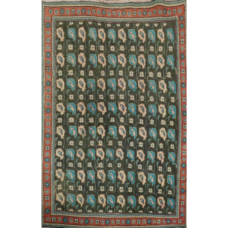 Hand Knotted Oriental 100% Wool Carpet Traditional Geometric Black Tabriz Area Rug - 4' 8'' X 3' 5''