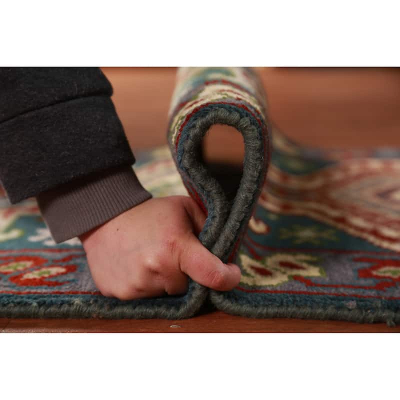Hand Knotted Oriental 100% Wool Carpet Traditional Geometric Navy Blue & Blues Kazak Runner Rug - 9' 8'' X 2' 6''