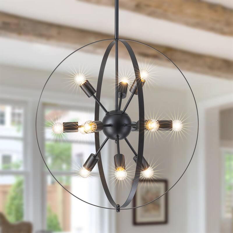 Starsky 12-Light 25in Mid-Century Modern Caged Ceiling Lights Lantern Globe Chandelier - Black