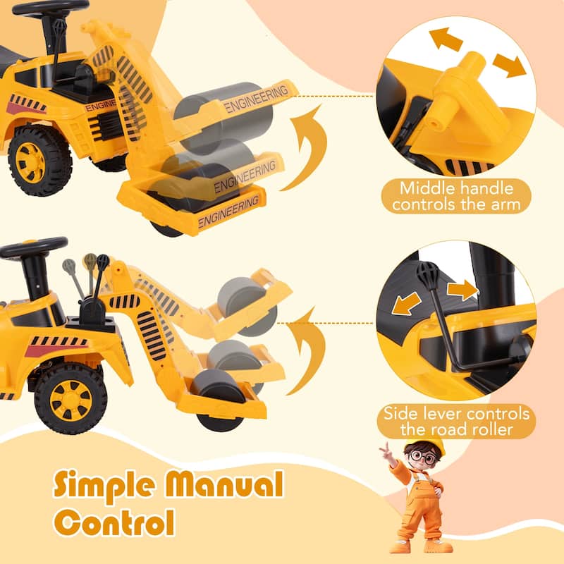 Kids Ride On Road Roller Toy Construction Vehicle with Steering Wheel Engine Sound and Under Seat Storage for Toddlers