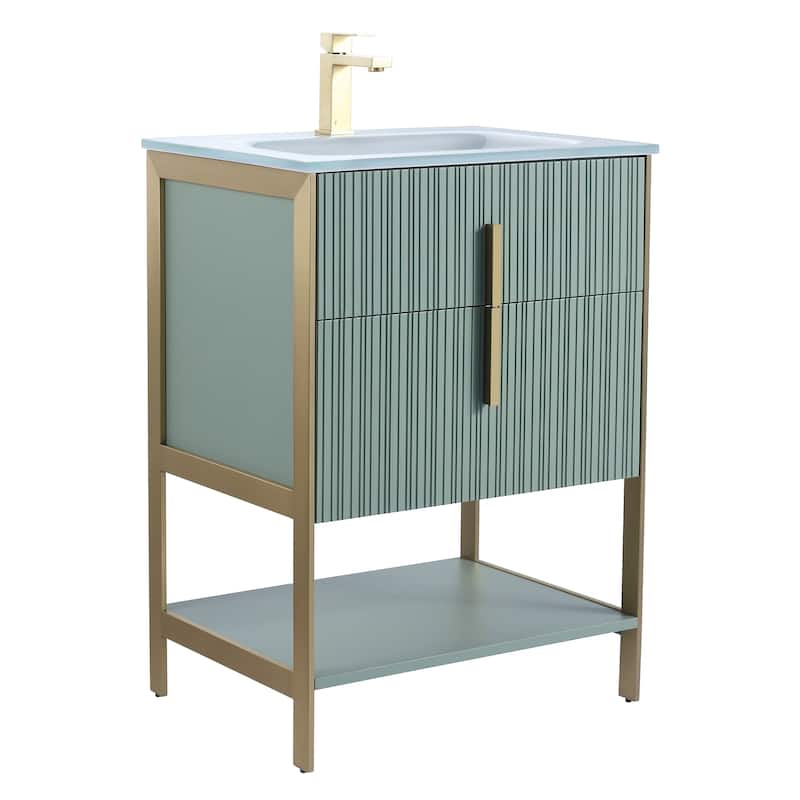 Fine Fixtures Serenity Modern Bathroom Vanity with White Glass Top - Mint Green - Brass Hardware - 24 inch