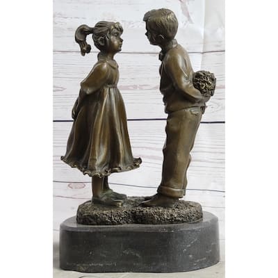 First Kiss Love Romance Children Bronze Sculpture Figure On Heart Shaped Marble Base