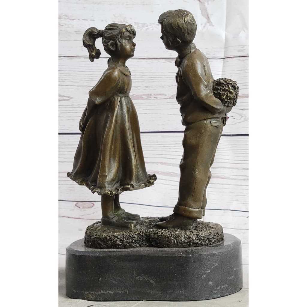 First Kiss Love Romance Children Bronze Sculpture Figure On Heart Shaped Marble Base
