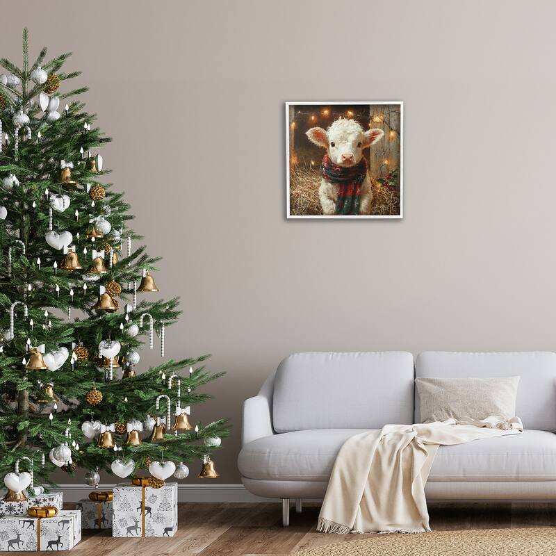 Stupell White Calf with Holiday Lights Framed Giclee Art Design By Riley B