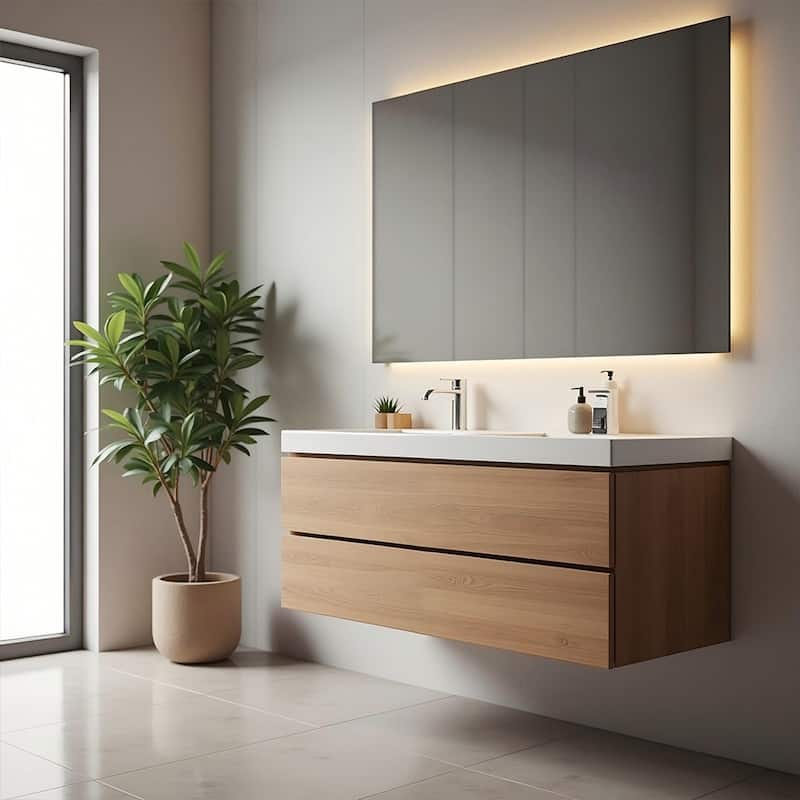 Floating Bathroom Vanity 24"-48" – Smoked Oak Finish, White Integrated Sink