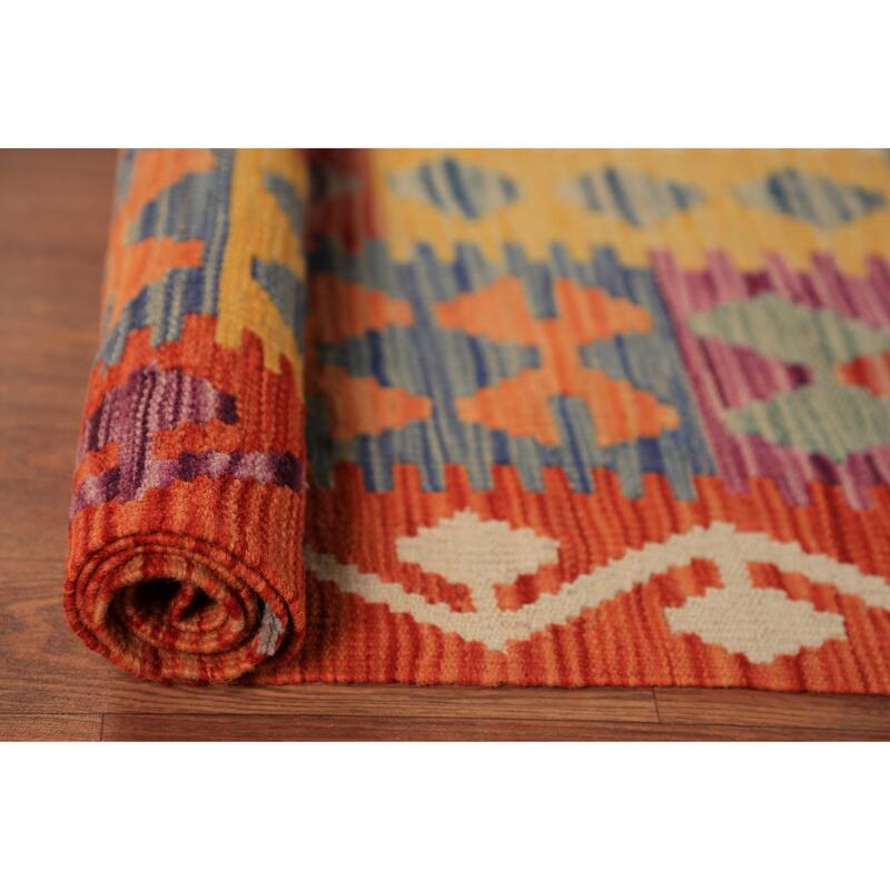 Geometric Kilim Area Rug Hand-Woven Orange Wool Carpet - 8'7"x 11'5"