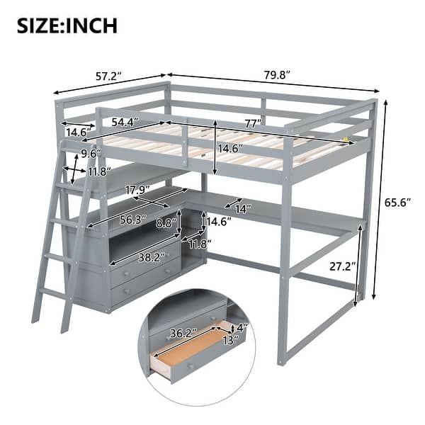 dimension image slide 1 of 4, Loft Bed with Desk and Shelves, Two Built-in Drawers