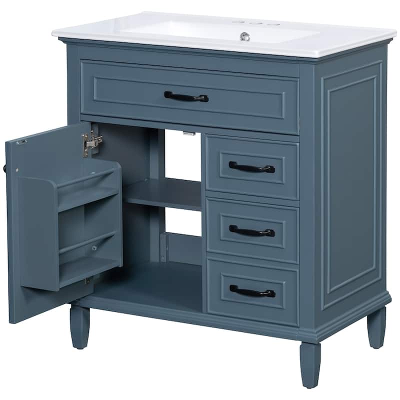 30 Inch Bathroom Vanity with Ceramic Sink Top, Flip Drawers, Freestanding Storage Cabinet (Faucet Not Included)