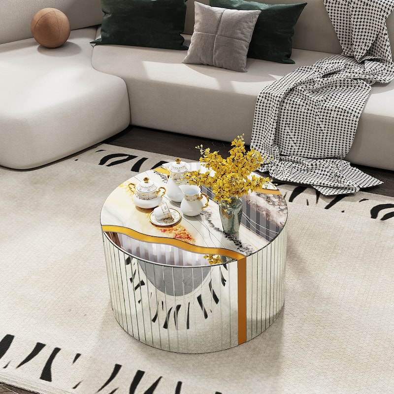 Marble pattern sticker Round Coffee Table, Cylindrical Silver Mirror with Gold Dust Finish, Modern Home Decor Table