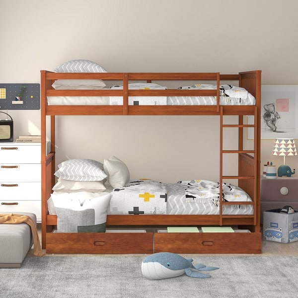 TwinOverTwin Bunk Bed with Ladders and Two Storage Drawers Bed Bath