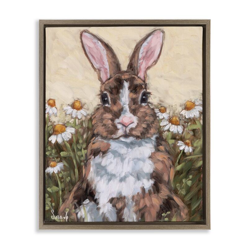 Stupell Rabbit Portrait with Daisies Framed Floater Canvas Wall Art Design By Sara G. Designs - 17 x 21 - Brown
