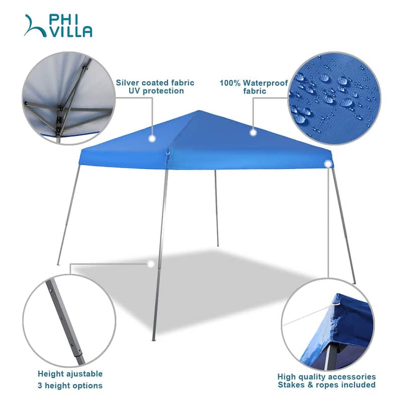 PHI VILLA 12' x 12' Slant Leg Pop-up Canopy, 81 Sq. Ft of Shade, Instant Folding Canopy, Blue - 12x12ft