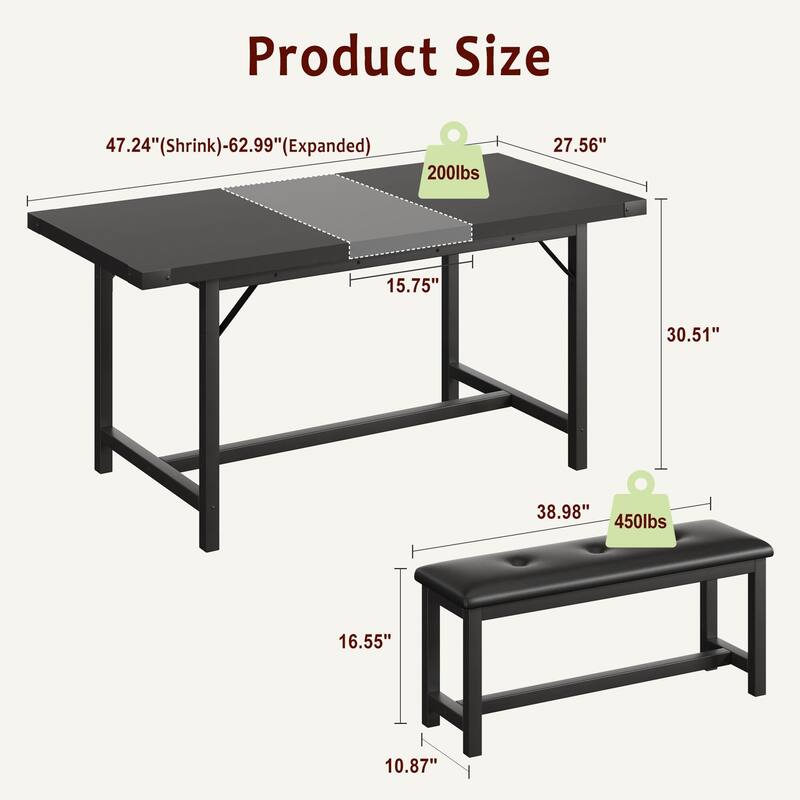 63" Large Extendable Dining Room Table Set for 4-6