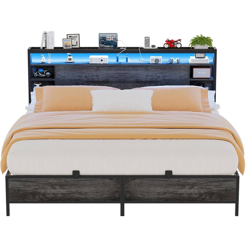 Bed Frame with Charging Station and RGB LED Lights, Sturdy Platform Bed with Storage Headboard,
