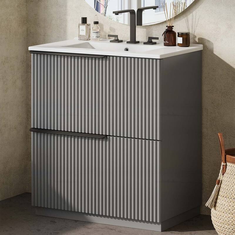 30 Inch Freestanding Bathroom Vanity with Ceramic Sink,Full-Extension Drawers,and Fluted Design - Gray