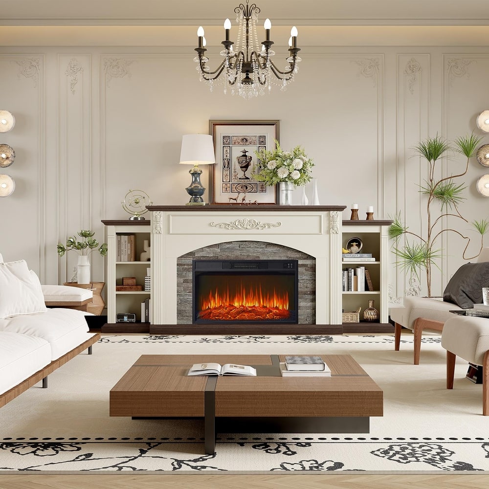 Classic 72 inch Electric Fireplace with Mantel White TV Stand Entertainment Center with Storage