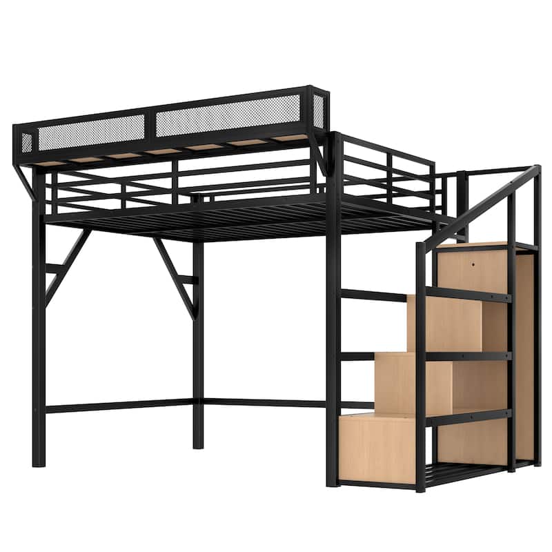 Queen Loft Bed with Storage Stairs, Shelves, Wardrobe, USB Ports, LED Lights, Noise-reduced Design