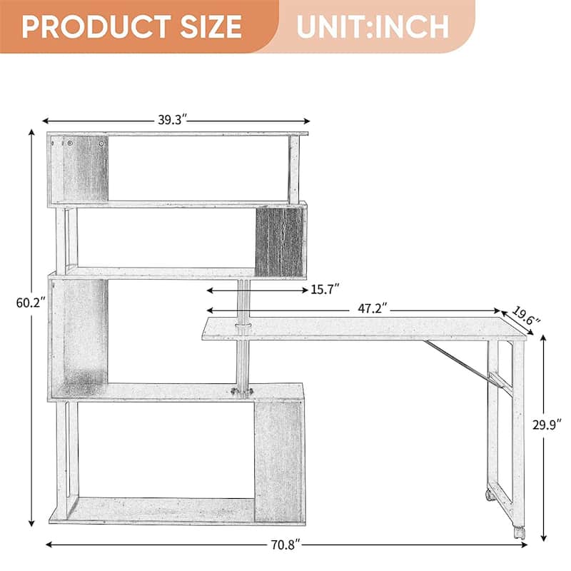 Reversible L-Shaped Computer Desk with 5 Shelves, Wheels