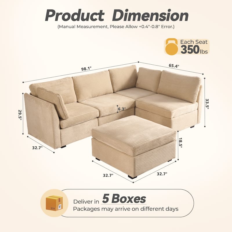 HOOOWOOO Modular Plush Corduroy Sofa Couch with Ottoman for Living Room