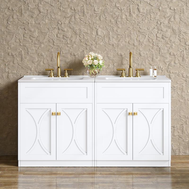 60 Inch Bathroom Vanity Set with Ceramic Sink, Modern Freestanding Storage Cabinet with Gold Handles and Soft Close Doors - White