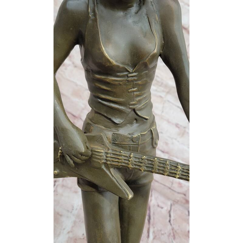 Rock And Roll Girl Guitarist Bronze Sculpture On Base