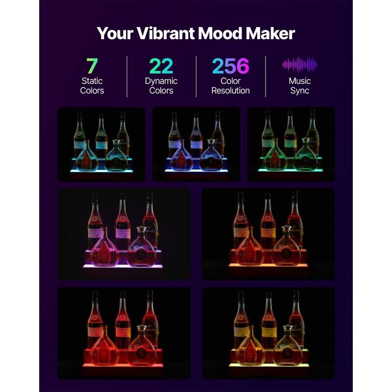 Multi-Color Acrylic and Pine Wood 2-Tier Wine Display Shelf with LED Lighting and Remote Control