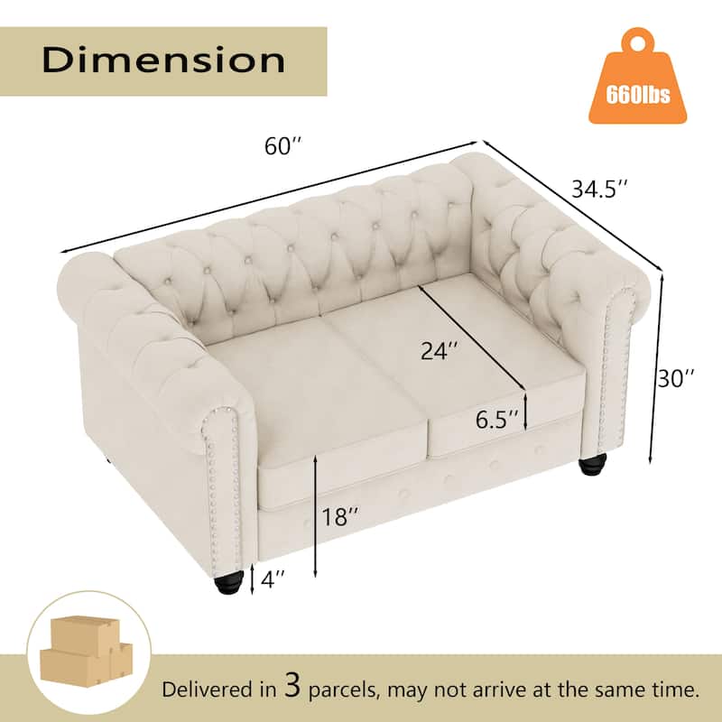 Morden Fort Classic Tufted Velvet Upholstered Chesterfield Club Chair Loveseat 2 Pieces with Nailhead for Living Room