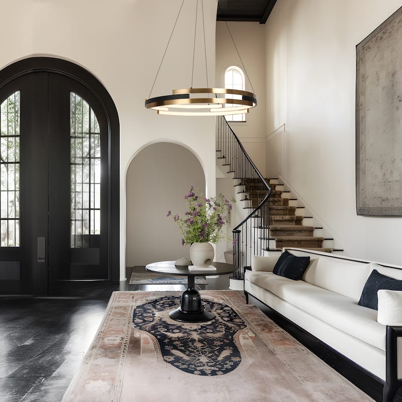 Modern Contemporary Black Gold Wheel Chandelier Integrated LED Round Pendant Light for Dining Room - 25.5" D x 63.5" H