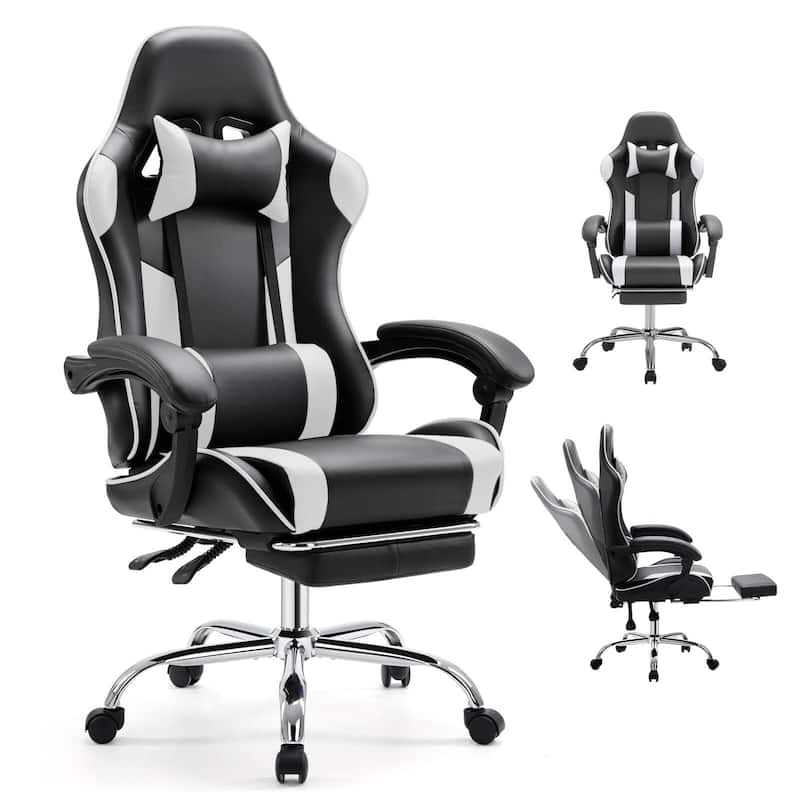 Ergonomic Faux Leather High Back Gaming Chair with Footrest & Linkage Armrests – Black & Gray for Adults - White