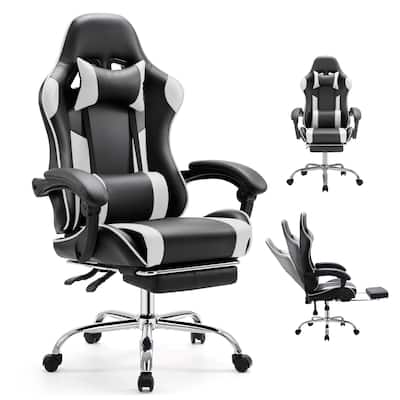 Ergonomic Faux Leather High Back Gaming Chair with Footrest & Linkage Armrests – Black & Gray for Adults