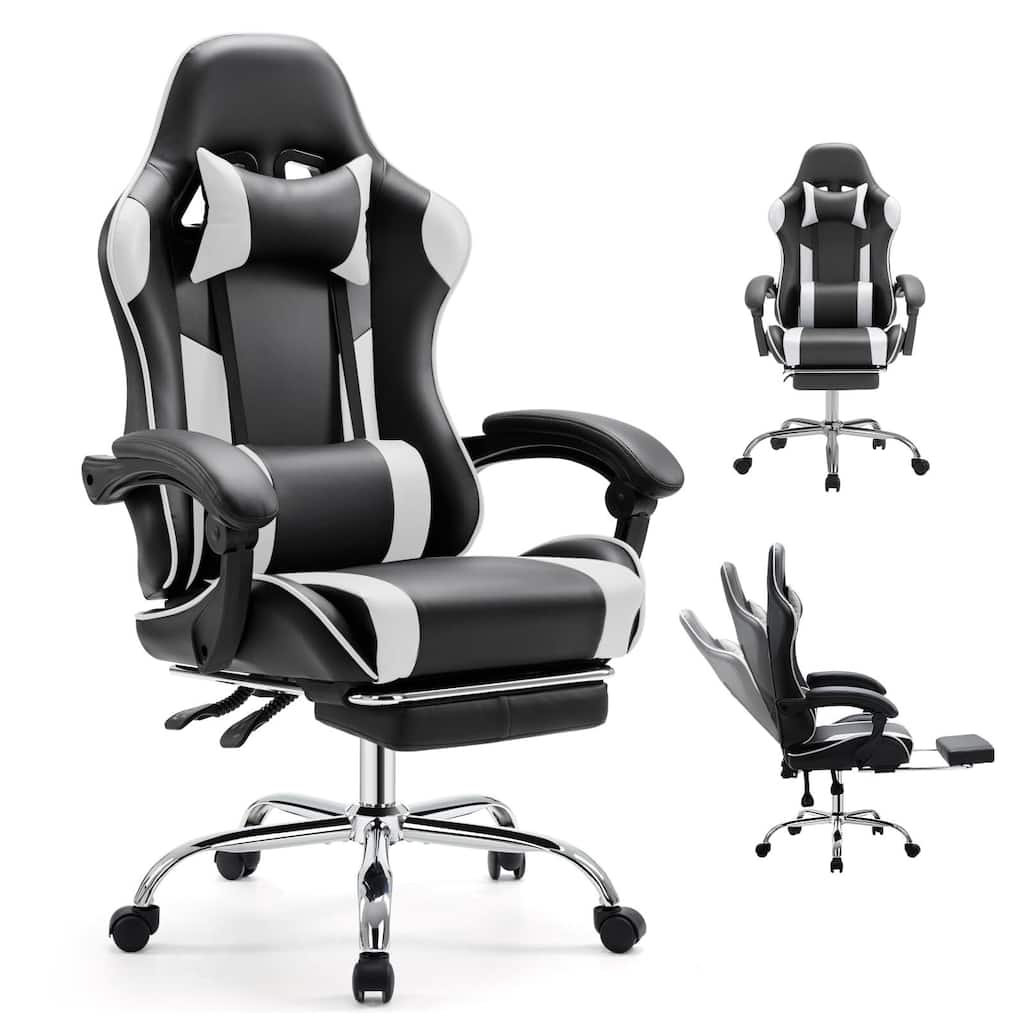 Ergonomic Faux Leather High Back Gaming Chair with Footrest & Linkage Armrests – Black & Gray for Adults