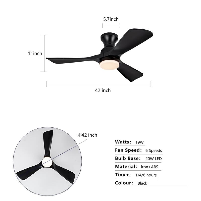 42" Flush Mount Ceiling Fan with Remote Control and Lights, Quiet DC Motor