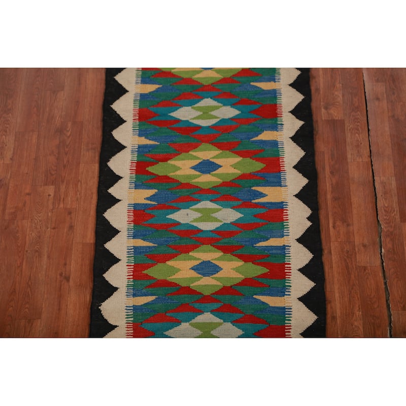 Hand Woven Oriental 100% Wool Carpet Southwestern Geometric Multi-Colored Kilim Runner Rug - 12' 8'' X 2' 8''
