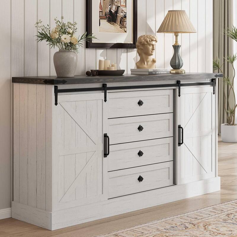 Farmhouse 4 Drawer Dresser for Bedroom, 59" Wood Dressers with Sliding Barn Doors - Grey