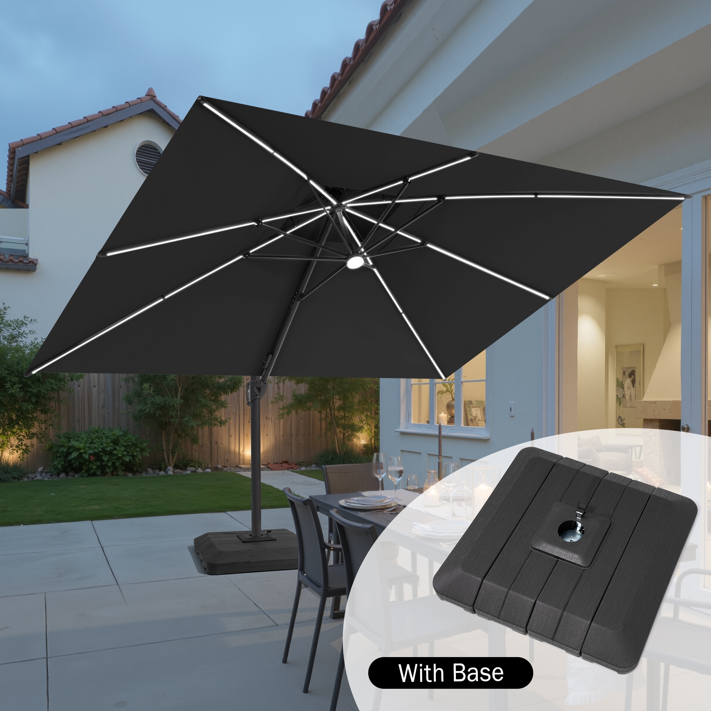Outdoor 10x13FT Patio Cantilever Umbrella Solar Light Double Top 360 Rotation Tilt with Base