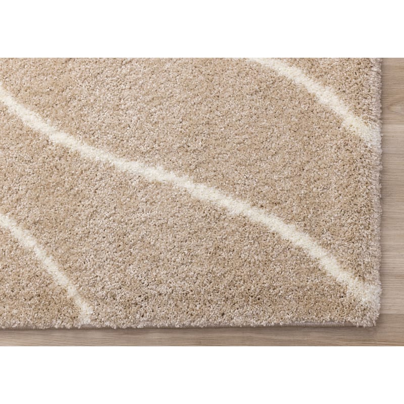 Taupe Cream Curved Lines Shag Living Rug