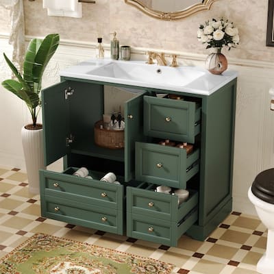36'' Bathroom Vanity with/without Resin Sink, Freestanding Bathroom Vanity Cabinet with 2 Soft Close Doors, 4 Drawers and Shelf