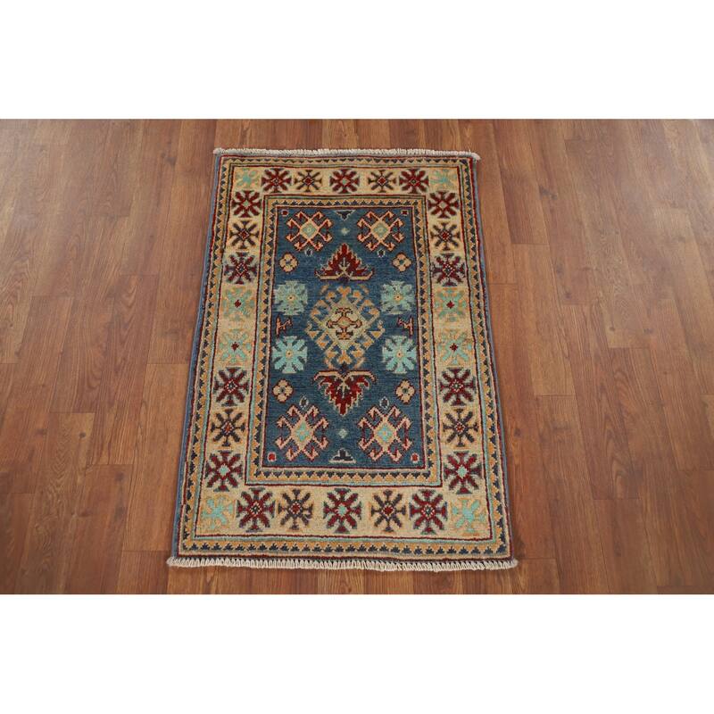 Blue Kazak Oriental Accent Rug Hand-Knotted Wool Carpet - 1'11" x 2'11"