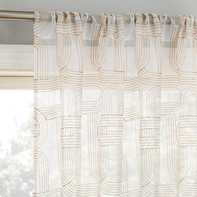 No. 918 Kaz Embroidered Retro Curves Sheer Rod Pocket Curtain Panel, Single Panel
