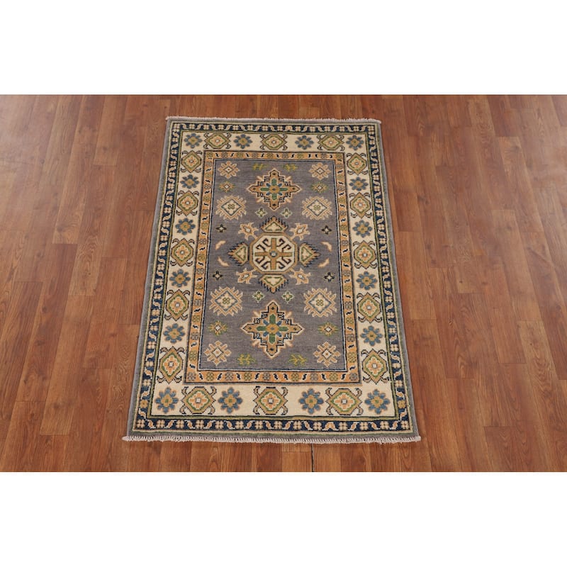Gray Geometric Kazak Accent Rug Handmade Wool Carpet - 2'8" x 4'2"