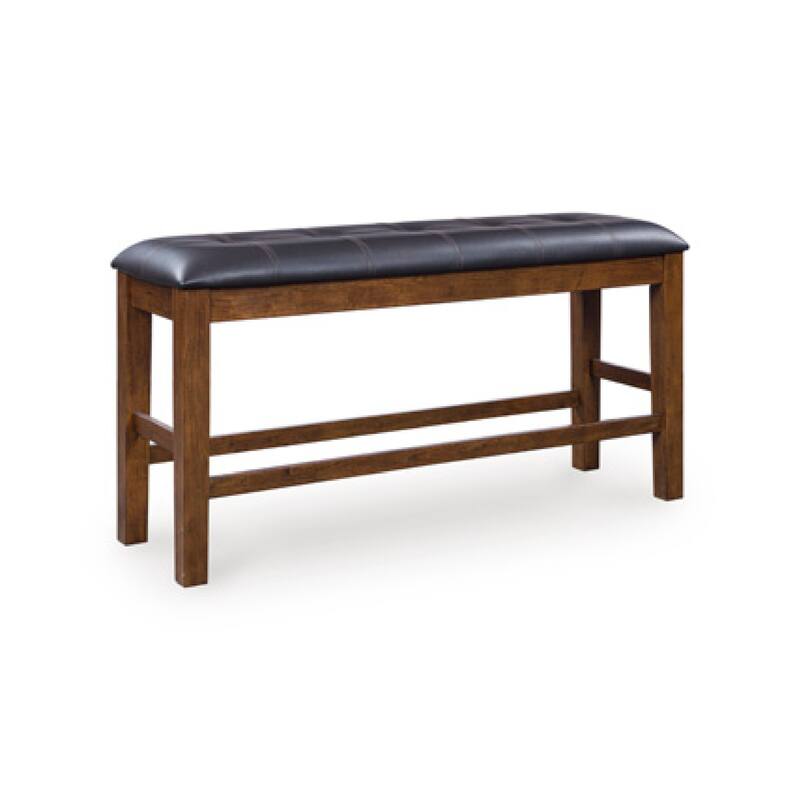 Raly Counter Height Bench, 50 Inch Black Faux Leather Padded, Brown Wood