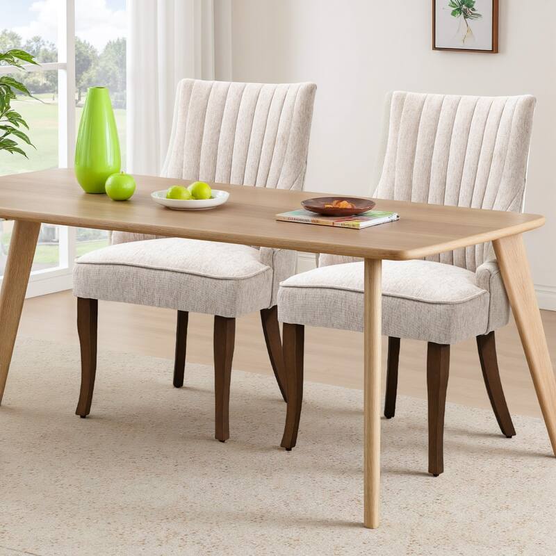 Vintage Linen Upholstered Dining Chairs Set of 2 with Channel Tufted Back & Solid Wood Legs