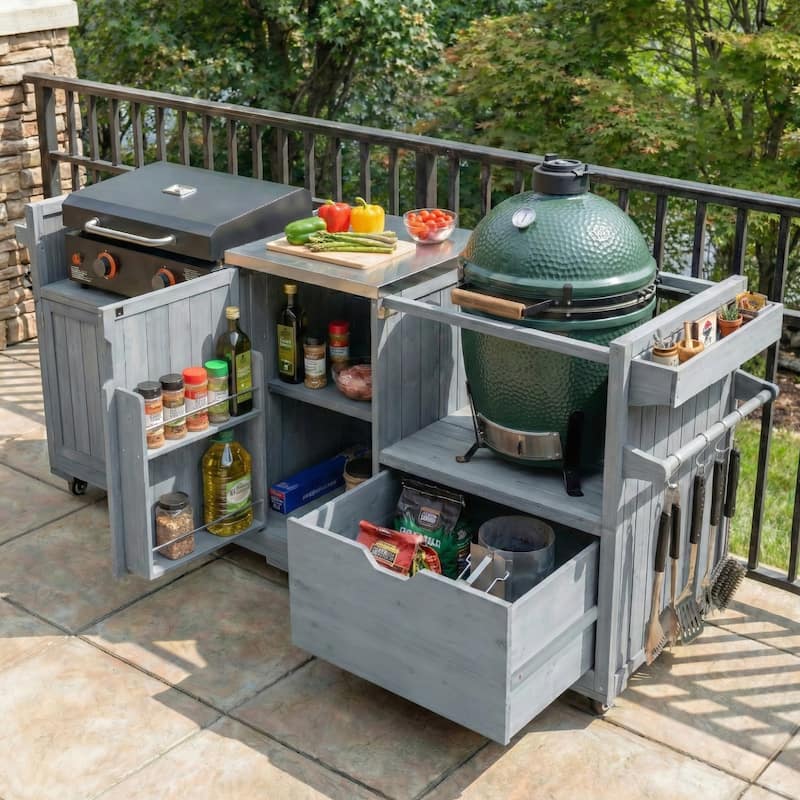 80.5" Outdoor Solid Wood Kitchen Island for Big Green Egg & Blackstone Griddle with Stainless Steel Top