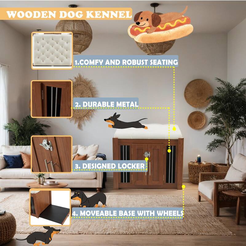 30.25"L, Furniture Style 2 in 1 Dog Crate with Padded Seat, Sliding Barn Door, Luxury Wooden Dog Kennel - Walnut
