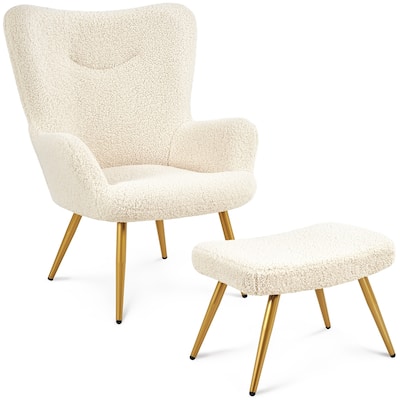 Yaheetech Boucle Accent Chair and Ottoman Set with Golden Metal LegsFabric Armchair with Footstool