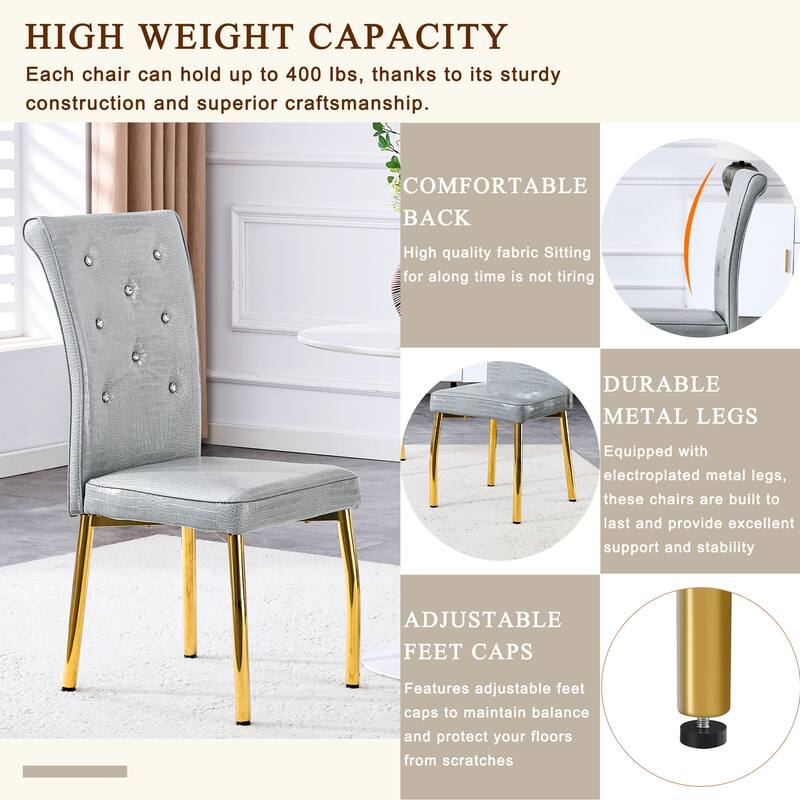 A set of 4 white and black vintage crocodile leather cushioned dining chairs, featuring crystal clasp design and leather